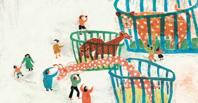 People standing near large animal cages with a giraffe and other animals inside.