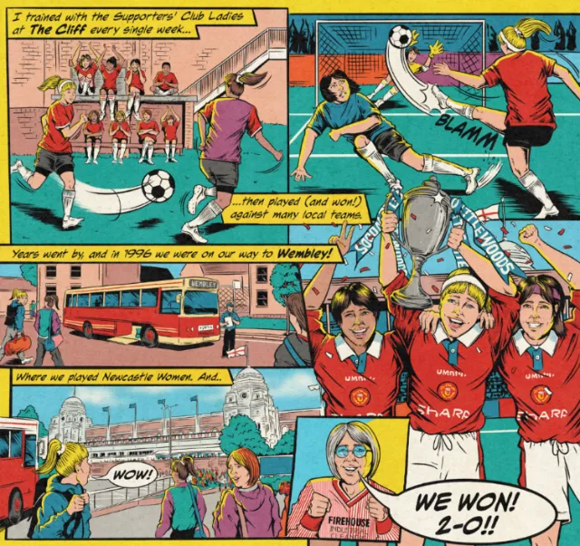 Comic panels depicting a soccer game, team holding a trophy, and traveling scenes.
