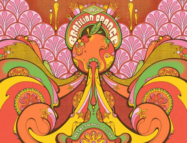 Colorful psychedelic artwork with Brazilian orange and decorative patterns by Laura Greenan