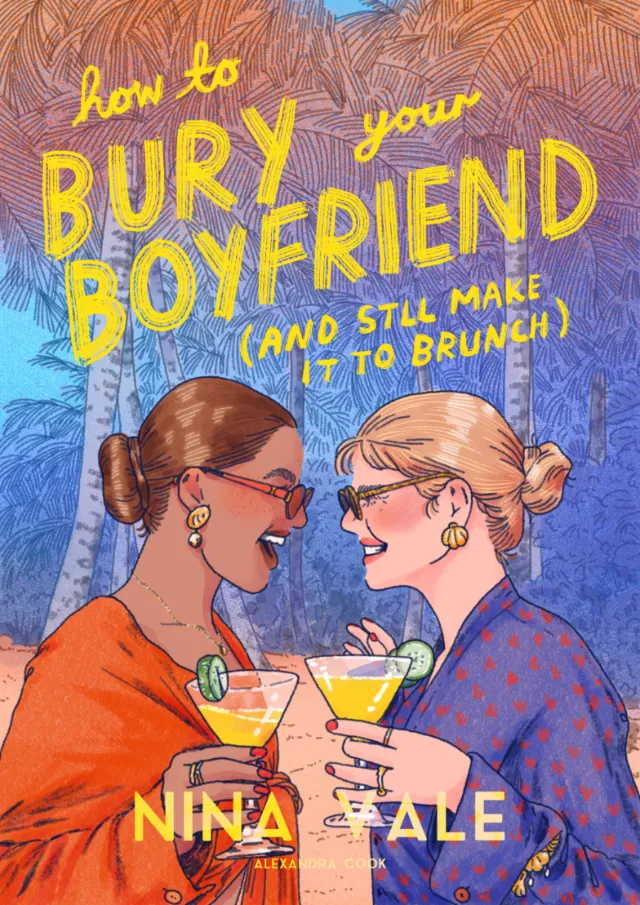 Two women cheers with cocktails smiling outdoors under trees