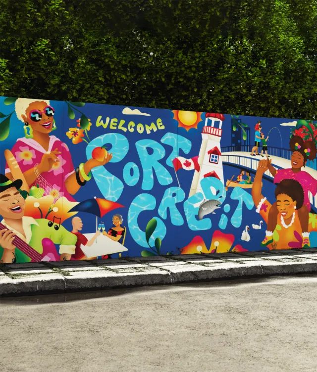 Colorful mural welcoming visitors to Port Credit with lively characters and landmarks