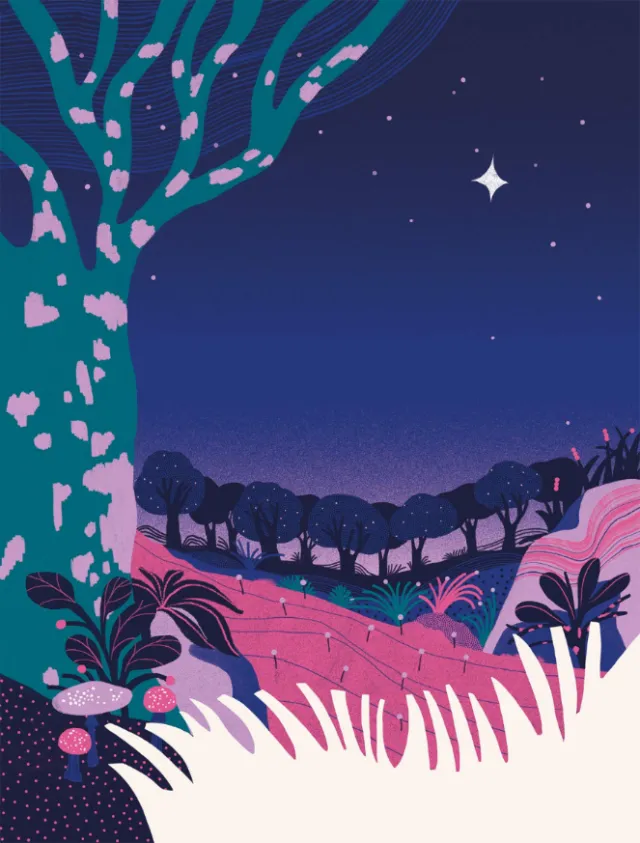 Colorful surreal tree and plants at night with stars in the sky