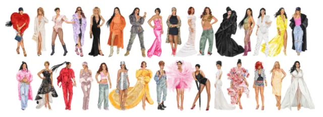Group of women wearing diverse and fashionable clothing standing in a row.