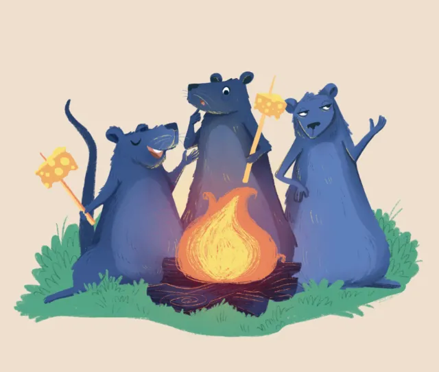 Three blue rats roasting cheese over a campfire outdoors