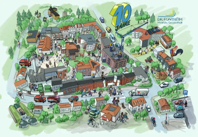 Colorful illustrated map of a town with buildings, streets, and 70 Jahre sign.
