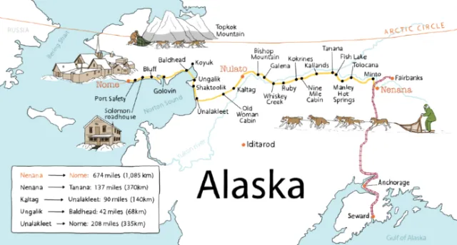 Dog-sled team crossing snowy Alaska