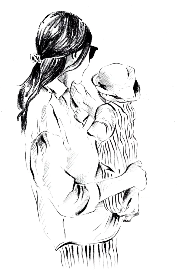 Black and white sketch of mother holding child both wearing stripes