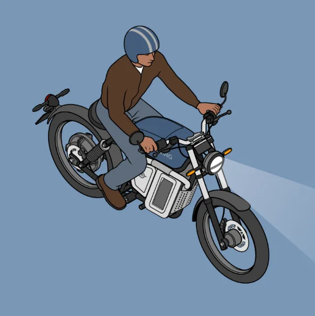 Isometric drawing of a person riding an electric motorbike with headlight on