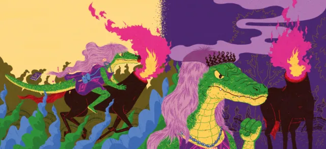 Illustration of green alligator and horse riders with torches by Zansky