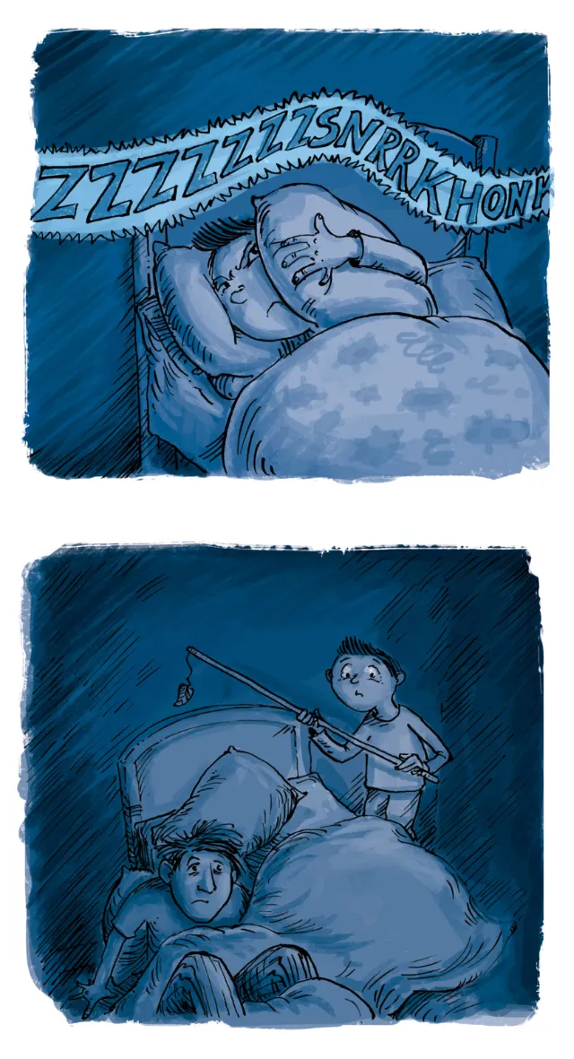 Boy trying to sleep while father snores loudly at night