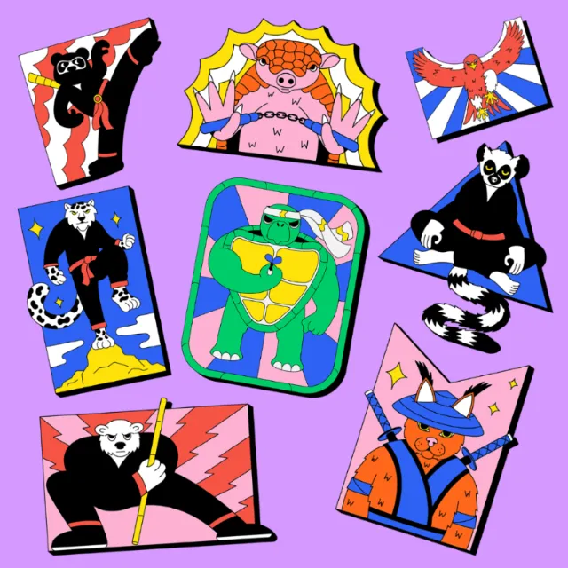 Colorful ninja animal patches including panda, turtle, eagle, and others