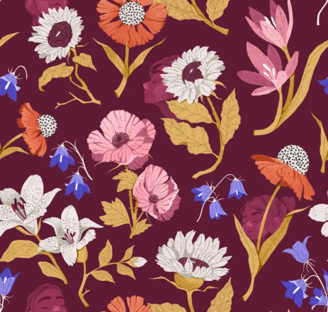 Pattern of various colorful flowers and leaves on a maroon background