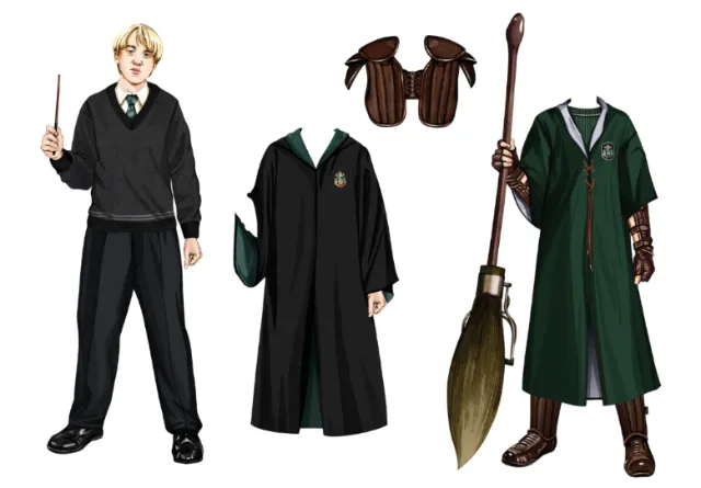 Harry Potter paper doll with cloak, broom, and accessories