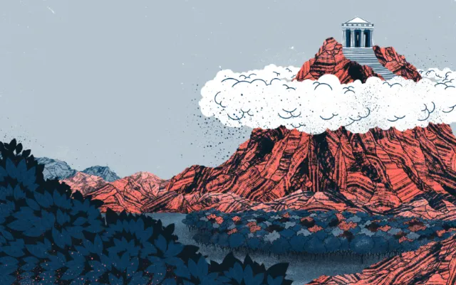 Illustration of a mountain with ancient temple and Hercules figure