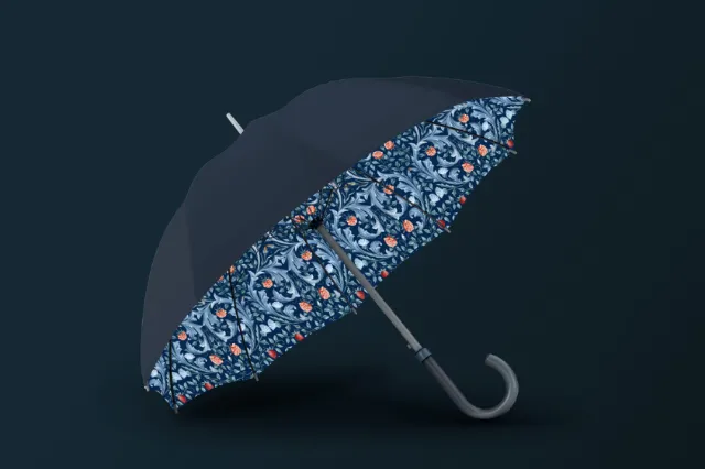 Black umbrella showing floral patterned inside against dark background