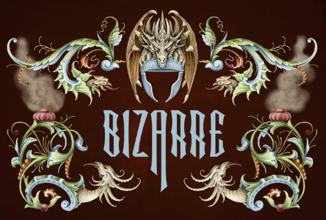 Ornate decorative design with dragon and floral elements around the word Bizarre