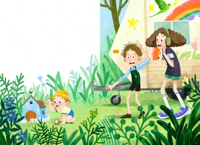 Three kids playing outside near a treehouse and greenery
