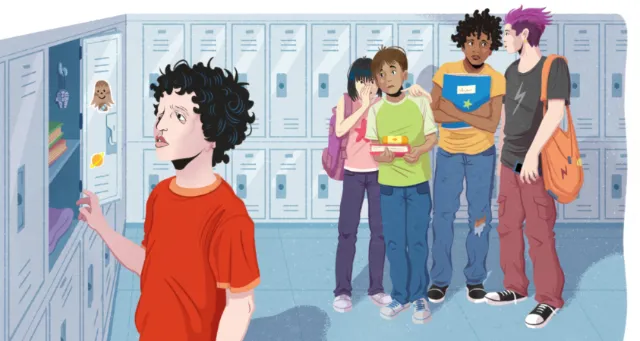 Students talking near lockers in a school hallway