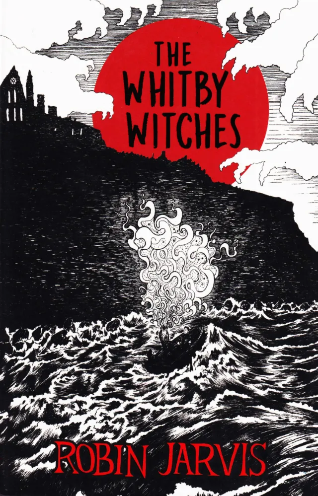 The Whitby Witches book cover with cliff, turbulent sea, and red moon.