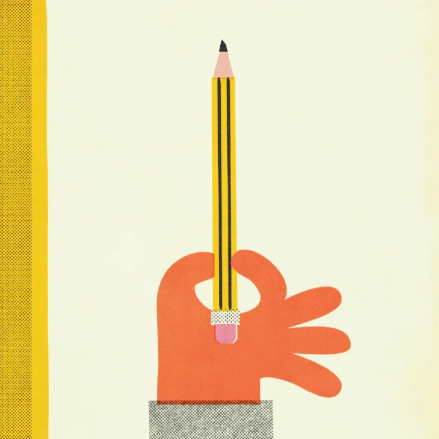 Hand holding a pencil vertically with yellow and cream background