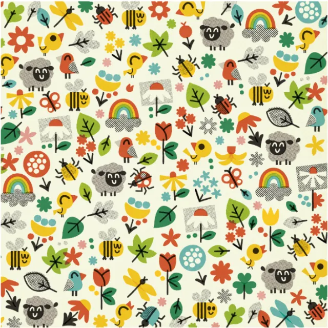 Whimsical repeating pattern of flowers, koalas, birds, bees, and rainbows