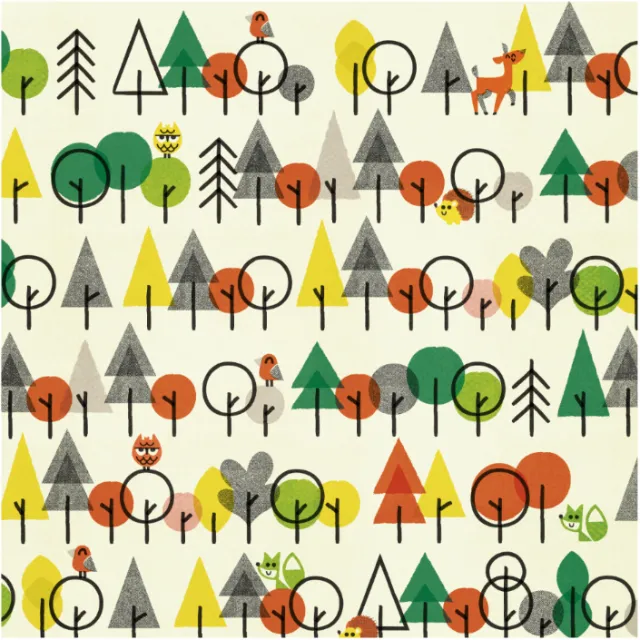 Colorful stylized trees with owls, deer, and fox in repeating pattern