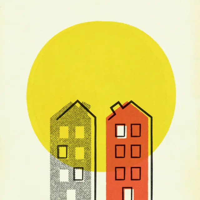 Two stylized houses overlapping a bright yellow circle