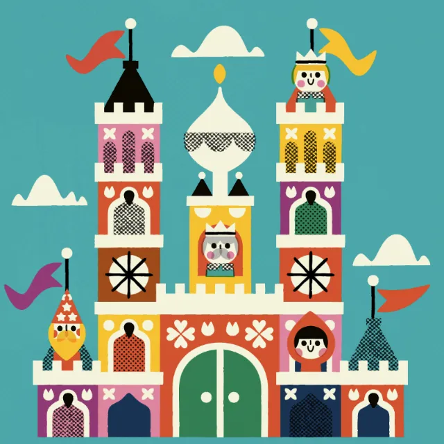 Whimsical colorful castle with flags and characters in window towers