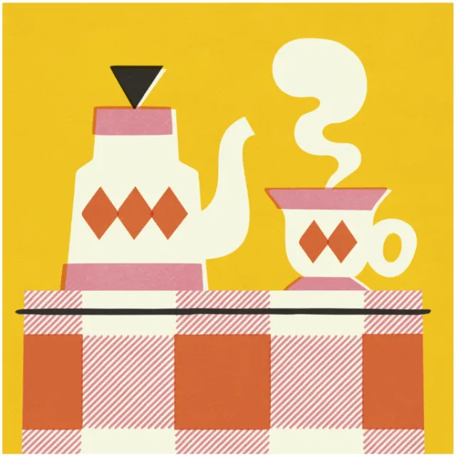 Illustration of a steaming coffee pot and cup on checkered tablecloth