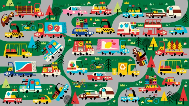 Busy camping road with cars, trailers, tents, and outdoor scenes in bright colors.