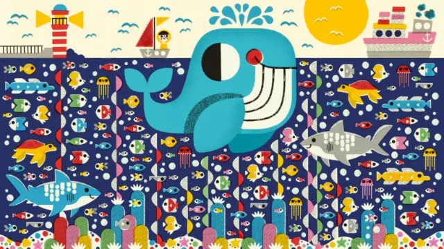 Illustration of ocean life with fish, whale, shark, turtles, boats, and lighthouse