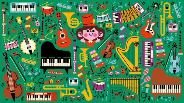 Illustration showing diverse musical instruments with a smiling character.