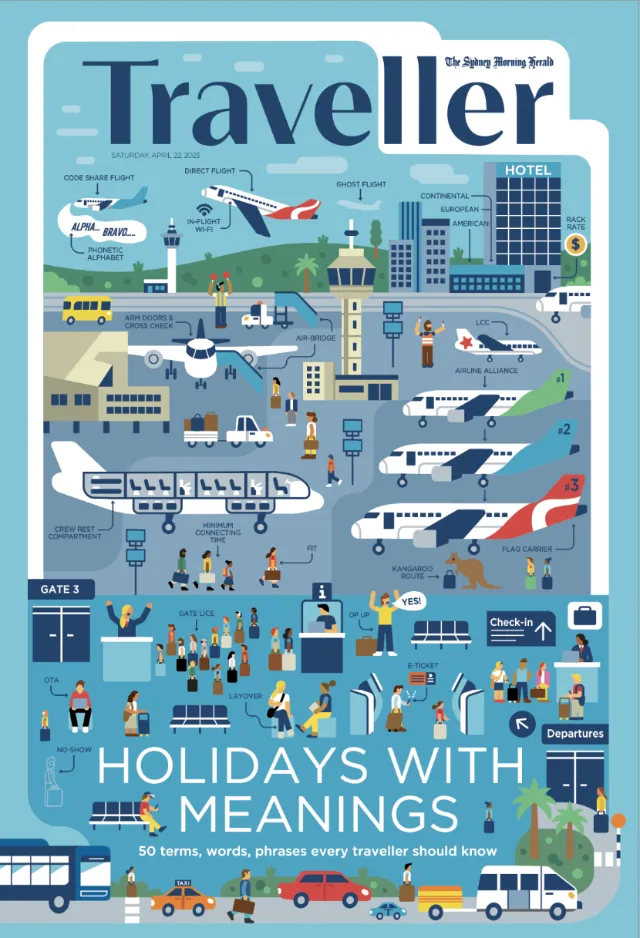 Colorful illustration of an airport with planes, passengers, and terminals