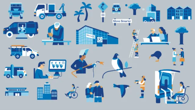 Various moving trucks, workers, and moving equipment in a business relocation illustration