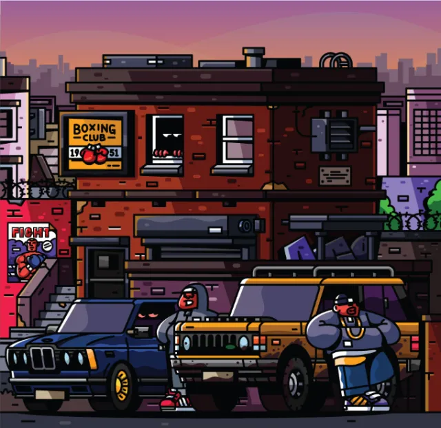 Pixel art of two men near cars outside a boxing club in a city at dusk