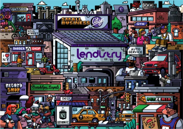 Colorful pixel art city scene with small businesses and public transport
