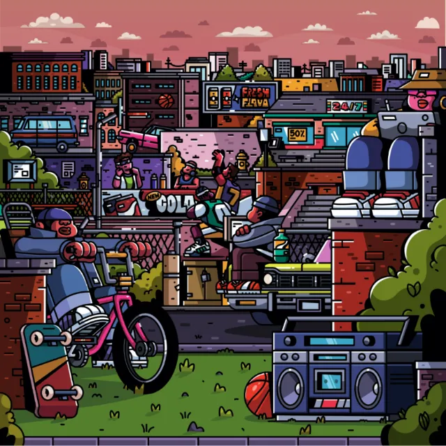 Vibrant cityscape featuring skateboards, sneakers, and a boombox outdoors.