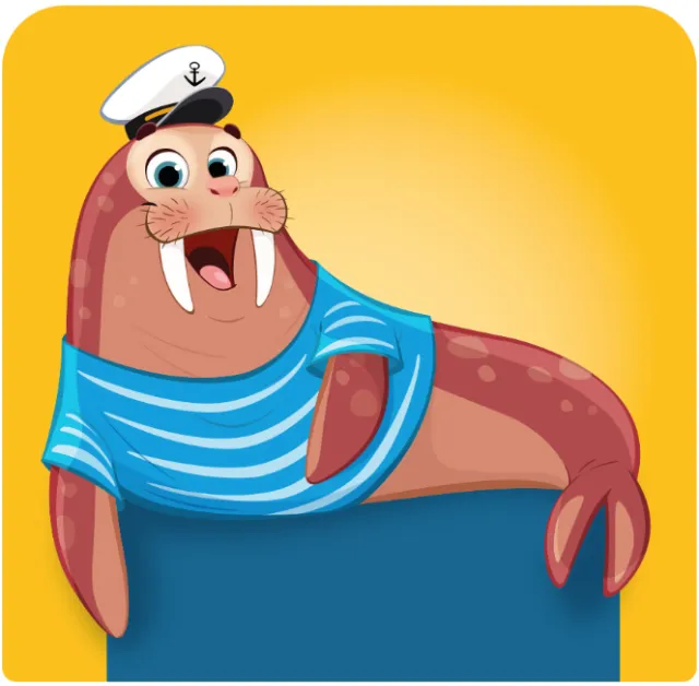 Happy cartoon walrus in sailor hat and striped shirt