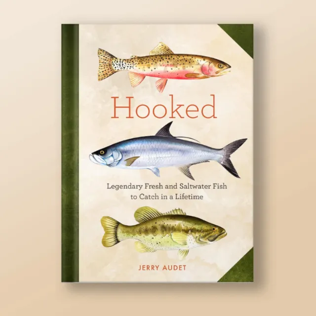 Cover of fishing book with three illustrated fish and title Hooked