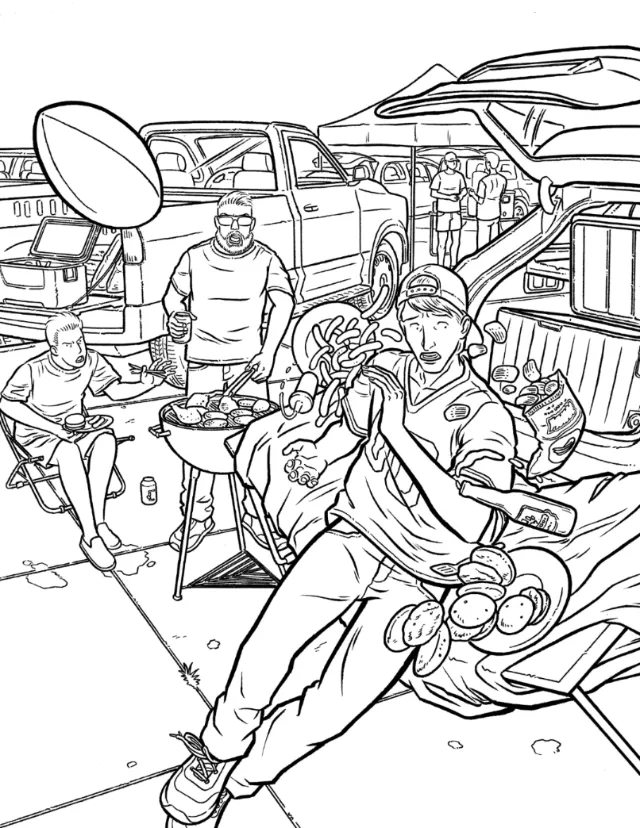 People eating and grilling food at tailgate party by pickup trucks