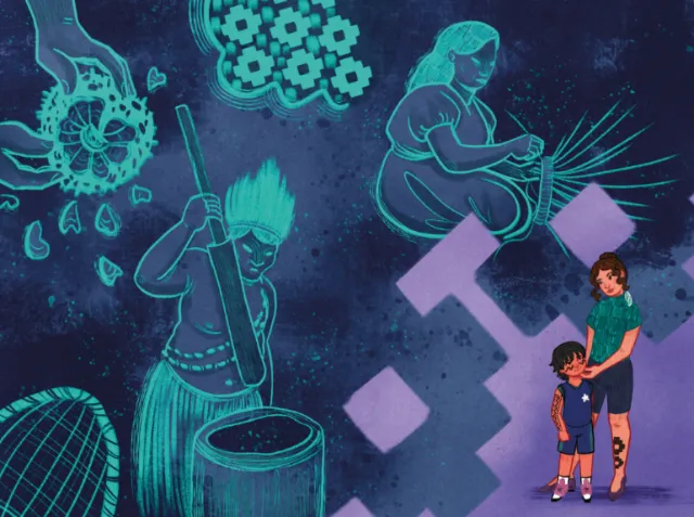 Illustration of indigenous people and a woman with a child in dark blue tones