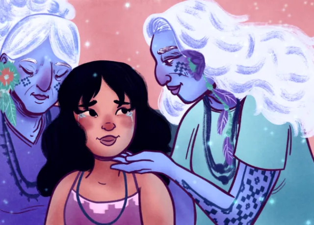 Three women with blue skin surround a girl with black hair and warm skin