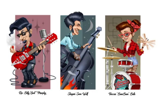 Cartoon trio playing guitar, bass, and drums in retro style