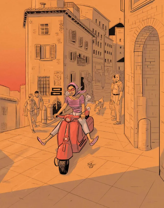 Person riding red Vespa scooter on sunny cobblestone street
