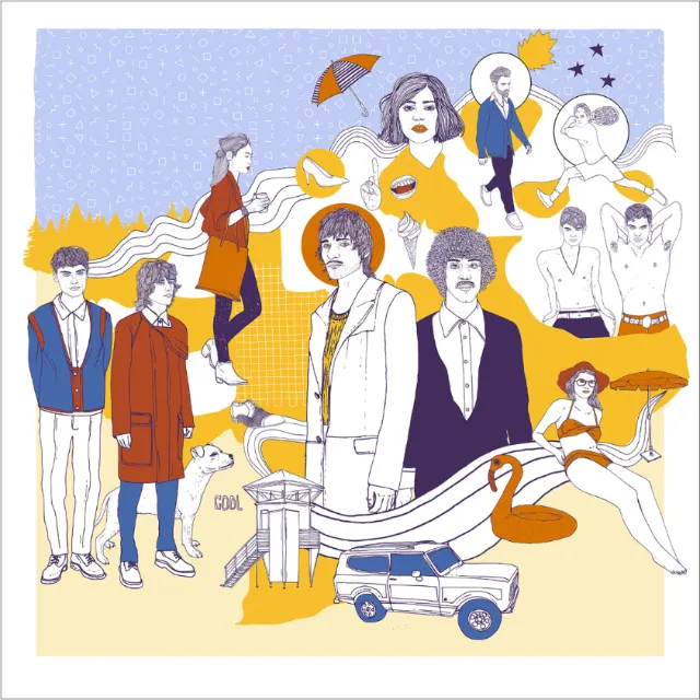 Illustration of various people and objects in a bright, abstract collage