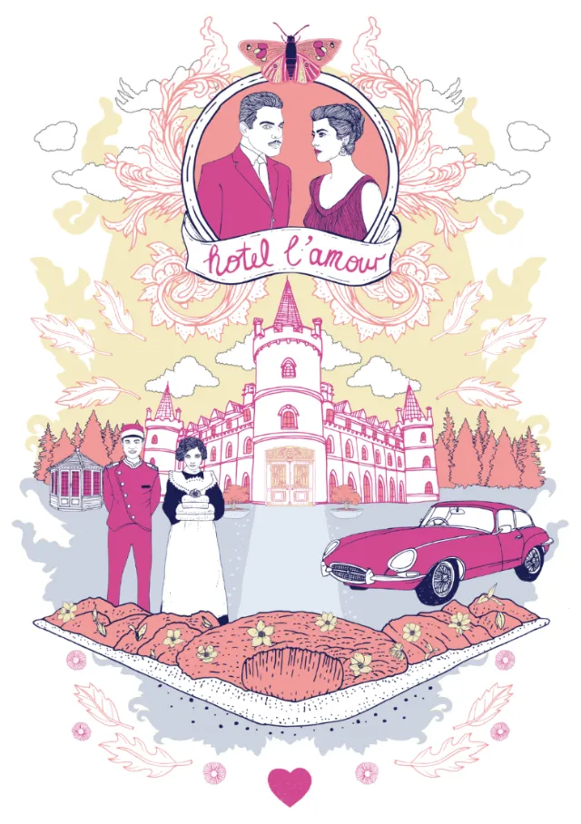 Vintage couple portrait, classic car, and hotel with romantic theme.