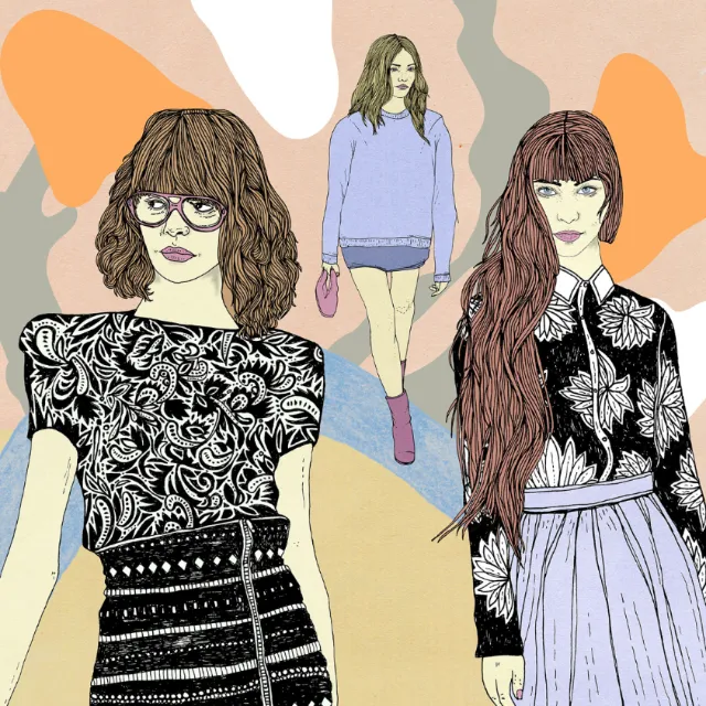 Three fashionable women in patterned and casual clothing illustration