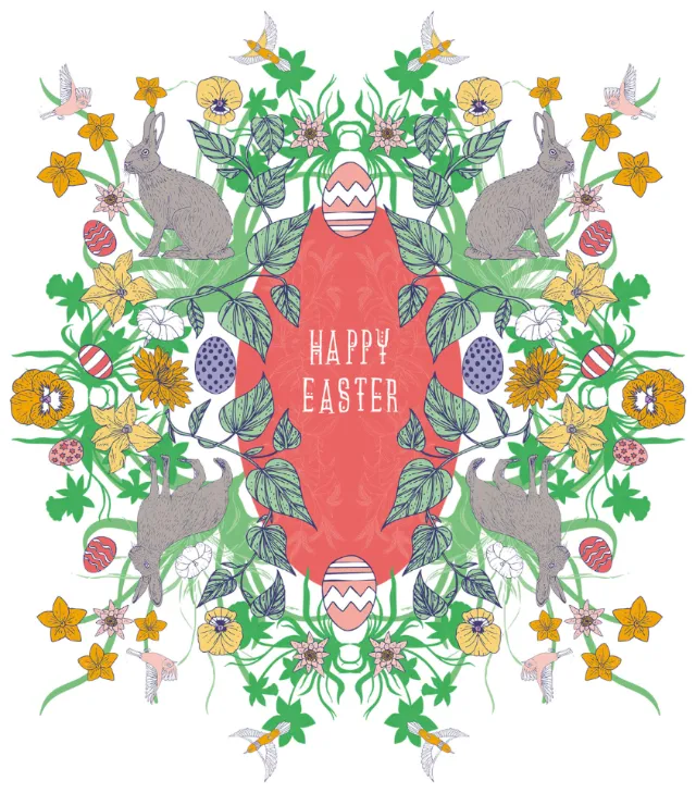 Easter floral pattern with rabbits and decorated eggs