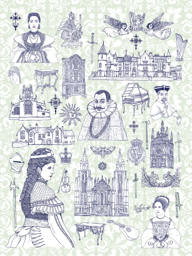Hand-drawn vintage illustrations of European buildings, historical figures, and symbols.