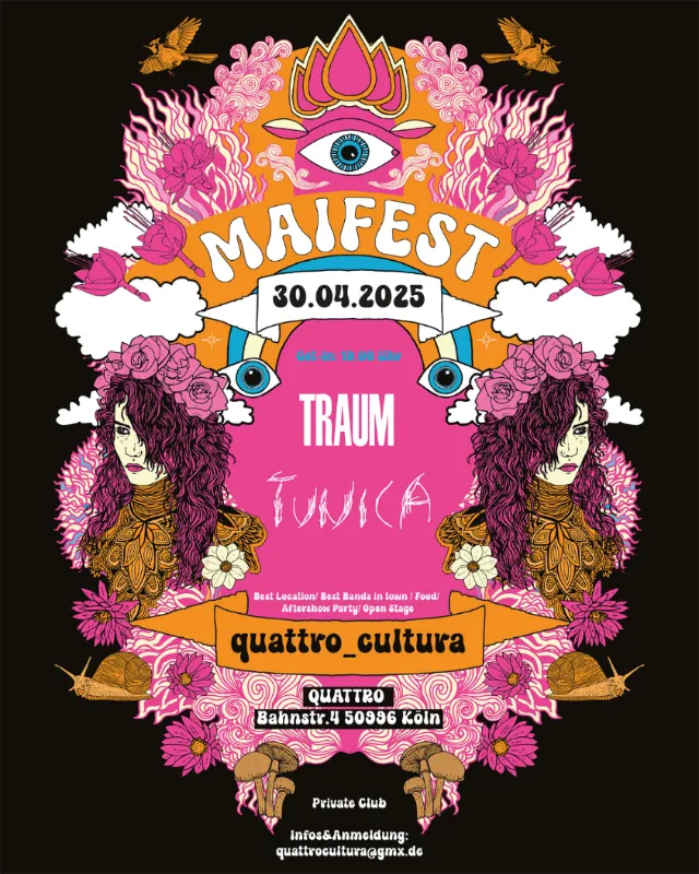Psychedelic Maifest poster with flowers, eyes, and event details